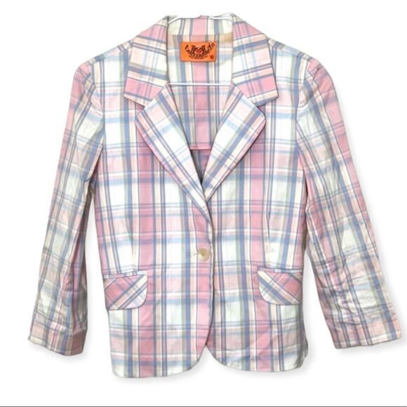 Vintage Y2K Juicy Couture Cropped Pastel Pink Plaid One Button Blazer Size Small - Picture 1 of 13